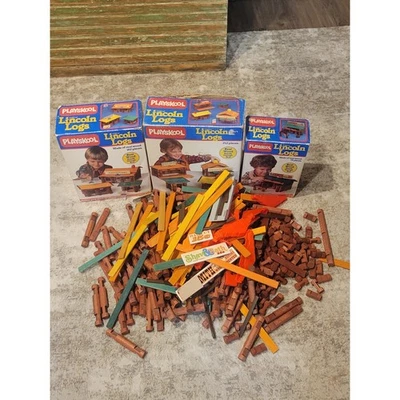 Troncos Lincoln Playskool de colección 3 juegos 884, 886, 887 cajas originales años 80 madera real Foto 1 de 4