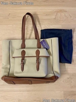 Bolso de Mano Ralph Lauren Etiqueta Púrpura Lona Borde de Cuero Marrón Beige Nuevo Foto 1 de 4