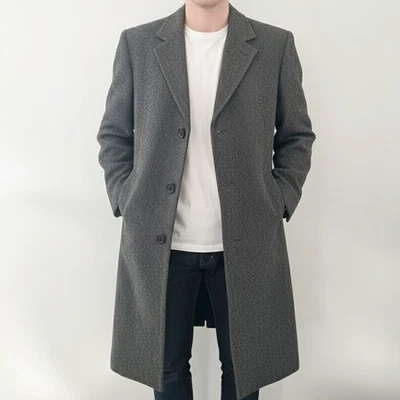 Dorchester Exclusively Burkhardt Mens M Wool Herringbone Overcoat 40 Office Vtg - Image 1 of 4