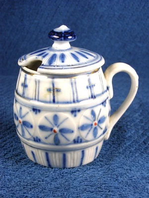 Старинный горшок для приправ в форме бочки - подглазурный синий/красный/золотой - Изображение 1 из 3