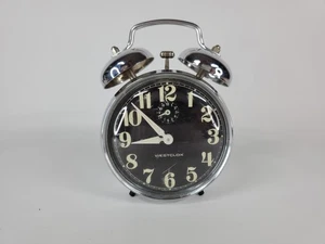 Westclox Vintage Twin Bell Alarm Clock Black Dial Chrome Brazil Tested Works - Foto 1 di 7