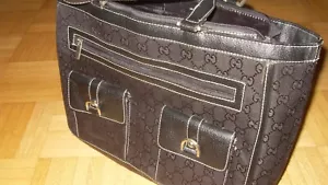 Luxus Designer Handtasche Stoff schwarz G Ledereinsätze Reißverschluss 32x26 cm - Bild 1 von 8