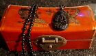 Vintage Red Lacquer Oriental Chinese Box & Chinese Carved Black Buddha Beads