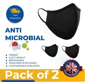 Reusable Face Masks-Antimicrobial Fabric-Washable-Pure Cotton-Pack of 2 - Picture 1 of 6