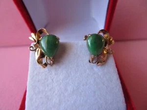 Vintage TY LEE TYL 14K Yellow Gold Jade Screw Clip On Earrings 3.09 Grams - Picture 1 of 8