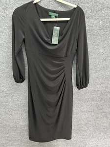 Neu mit Etikett Lauren Ralph Lauren schwarzes minimalistisches gerafftes 3/4-Ärmel Etuikleid Größe 4 - Bild 1 von 10