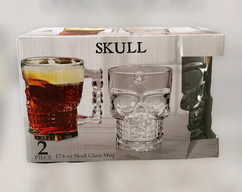 Circleware Skull Face Beer Mug Drinking Glasses With Handle Set of 2 Heavy for