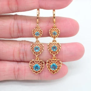 18K Yellow Gold Filled Women Lake Blue Topaz Love Hearts Dangle Earrings Jewelry - Picture 1 of 4