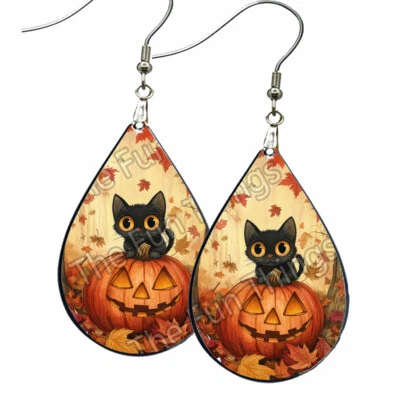 Halloween Black Cat Earrings Teardrop NO TARNISHING Autumn Leaves Jewelry Gifts - Image 1 of 4