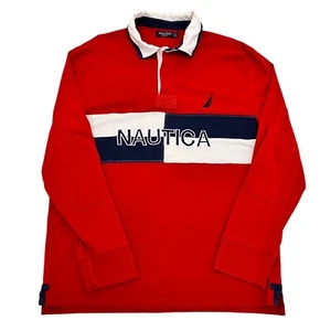 Nautica Rugby Polo Shirt Red Slim Fit Mens XL Long Sleeve 100% Cotton - Picture 1 of 11