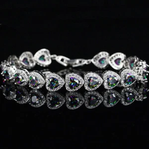 New Love Heart Rainbow Mystic Topaz Charm Women Jewelry Gifts Silver Bracelet - Picture 1 of 6