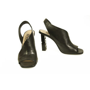 Sergio Rossi Black Leather Logo heel Open Toe Slingback Sandals sz 37, shoes
