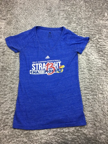 Adidas KU Jawhawk Shirt Womens Size Medium Blue Short Sleeve V-Neck 2017 Cover