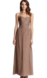 Amsale Bridesmaids Gown Sz 12 Neutral Tan 100% Silk Chiffon Strapless Maxi Dress - Picture 1 of 12