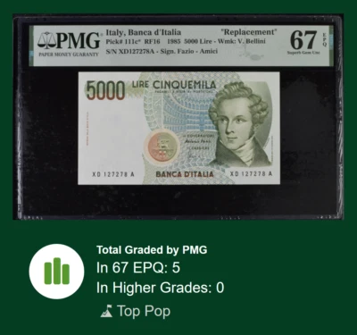 [TOP POP] ITALY 5000 LIRE 1985 P111c* PMG 67 SUPERB GEM UNC REPLACEMENT/STAR XD - Image 1 of 4