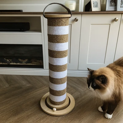 Modern Cat Scratch Tower – Wooden Base Post with Interactive Ball Toy - Image 1 of 4