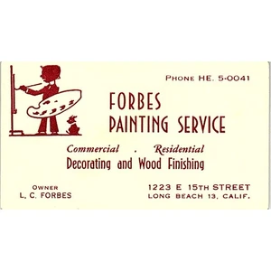 L.C. Tarjeta de visita vintage Forbes Painting Service Long Beach CA SE3-B12 - Imagen 1 de 2