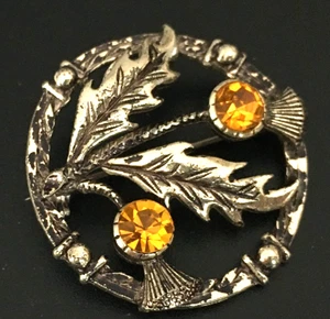 Vintage Brooch Pin Scottish Thistle Kilt Orange Rhinestone Silver tone lot y - Picture 1 of 3