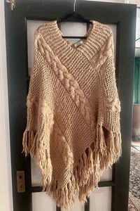 🩷Y2K Helen Welsh Vintage Chunky CableKnit Sweater Cardigan Fringe Poncho OS - Bild 1 von 10