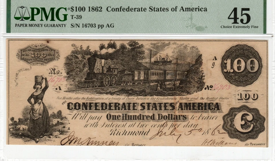 T-39 PF-5 1862 $100 Confederate Paper Money - PMG Choice Extremely Fine 45 - Image 1 of 2