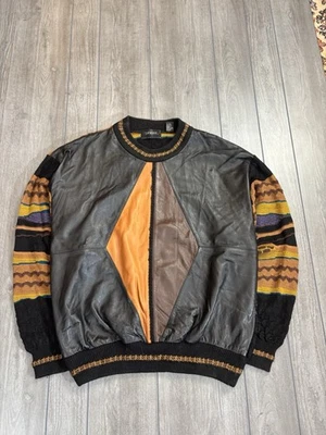 Men’s vintage Saxony coogi style crewneck with very nice faux leather design, XL - Image 1 of 4
