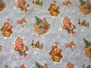 Giordano Studios Winter Scenes Children and Animals on Blue Cotton Fabric BTHY - Picture 1 of 5