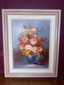 Vintage T. Kelly Floral Oil Painting On Canvas 11” x 14” W/ Frame 17” X 21.5” - Picture 1 of 4