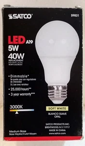 SATCO A19 Medium Base LED Standard Dimmable 5W 120V Soft White Replaces 40W - Picture 1 of 8