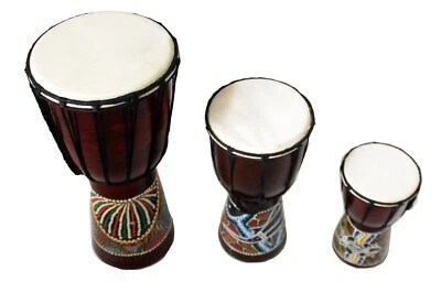 DOUBLE DUCK 20/30 /40 cm handbemalte DJEMBE BONGO TROMMEL geschnitzt einteilig Holz PUNKTMALEREI