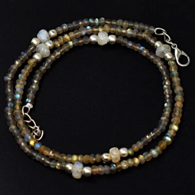 68 Cts Earth Mined Labradorite & Moonstone Round Cut Beads Necklace JK 36E292 - Image 1 of 4