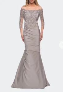 La Femme Women Sz 4 Off the Shoulder Ruched Satin Trumpet Gown Dress Retail $619 - Picture 1 of 24