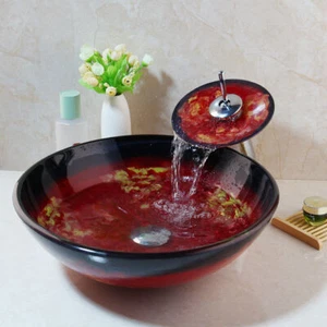 US Red Bathroom Round Vessel Sinks Tempered Glass Bowl Deck Mounted+Chrome Drain - Picture 1 of 3