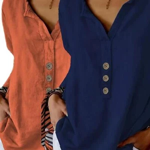 Women's Cotton V-Neck T-Shirt Casual Solid Color Button-Up Loose Woven Shirting - Picture 1 of 9