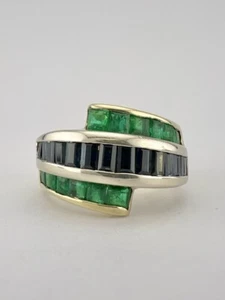14K Yellow Gold Emerald & Sapphire Baguette Princess Cut Channel Set Bypass Ring - Picture 1 of 10