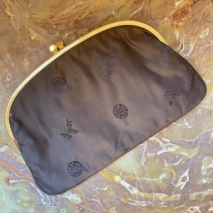 Vintage Brown Silk Asian Print Evening Bag Clutch Clasp Closure Satin Lined - Picture 1 of 5