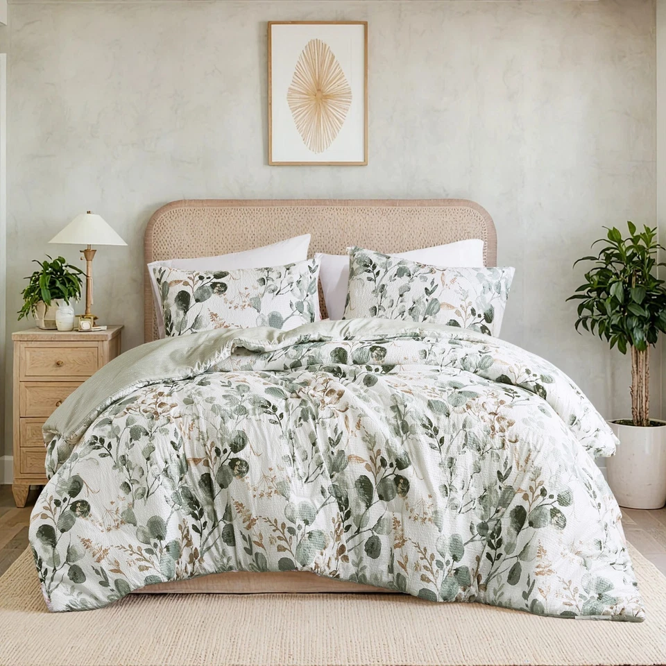 Reversible Floral Botanical Seersucker Breathable Comforter Set Twin Queen King - Image 1 of 4