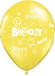 11” Yellow Happy Birthday Stars And Swirls 50 Count Qualatex Balloons - Picture 1 of 3