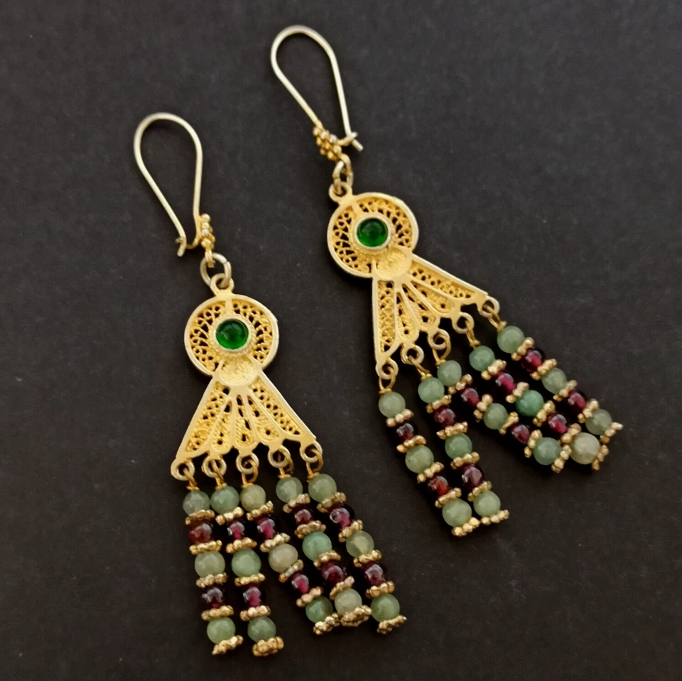 Pendientes Vintage Chapados en Oro 14K Esterlina Araña Oriental Jade Granate Boho Foto 1 de 1