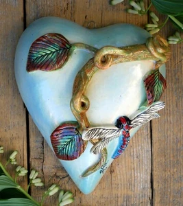 Pale Blue Heart Wall Ornament Dragonfly & Vines Handmade Tonala Mexican Folk Art - Picture 1 of 14