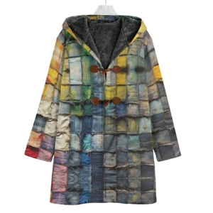 Tie Dye Patchwork Denim Baumwolle Canvas Kapuze Jacke Mantel Kuschel Umhang Olivgrün - Bild 1 von 5