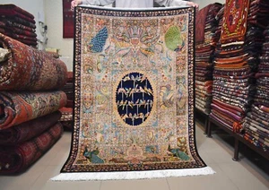 3x5 ft High Quality Silk Rug Blue Peacock Pictorial Design Accent Rug 90x150 Cm - Picture 1 of 21