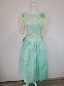 Deadstock Vintage 70s-80s Prom Dress, homemade mint & lace puff sleeves retro - Picture 1 of 12