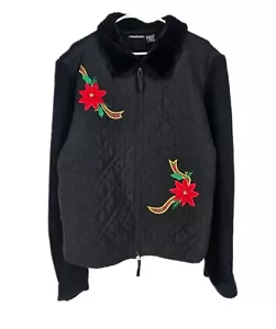 XXL schwarze gesteppte Weihnachtsjacke schwarz Kunstfellkragen Reißverschluss Urlaub Weihnachtsstern - Bild 1 von 7