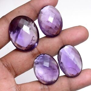 4 Pcs Natural Amethyst Untreated 28mm-32mm Huge Size Oval Checker Cut Gemstones