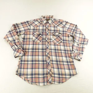 Vintage Roebucks Shirt Mens Large Plaid Flannel Western Pearl Snap Blue 90s - Picture 1 of 12