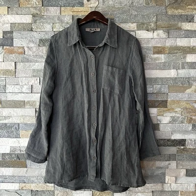 Chaqueta con botones para mujer marca FLAX sobrecamisa de lino gris pequeña para mujer Foto 1 de 4