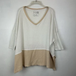 We the Free Waffle Top Womens M Oversized Beige V Thermal Raw Hem Casual Read - Picture 1 of 7