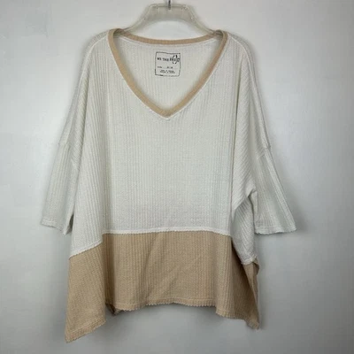 We the Free Waffle Top Womens M Oversized Beige V Thermal Raw Hem Casual Read - Image 1 of 4