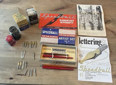 Lote antiguo/de colección - plumas estilográficas, puntas, tinta, folleto y caja - caza, Higgins, Speedball Foto 1 de 4