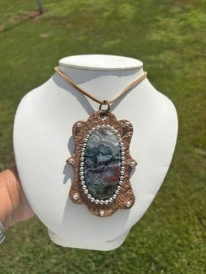 Huge Natural Moss Agate Pendant Necklace Artisan Handcrafted  - Image 1 of 4